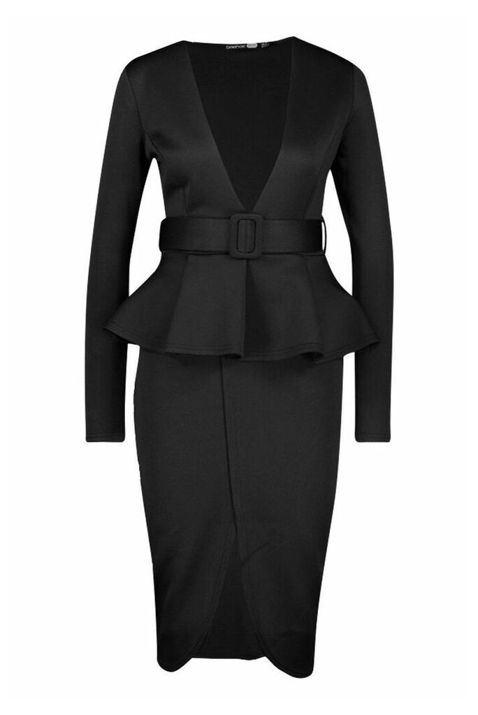Womens Plunge Belted Peplum Midi Dress - black - 6, Black