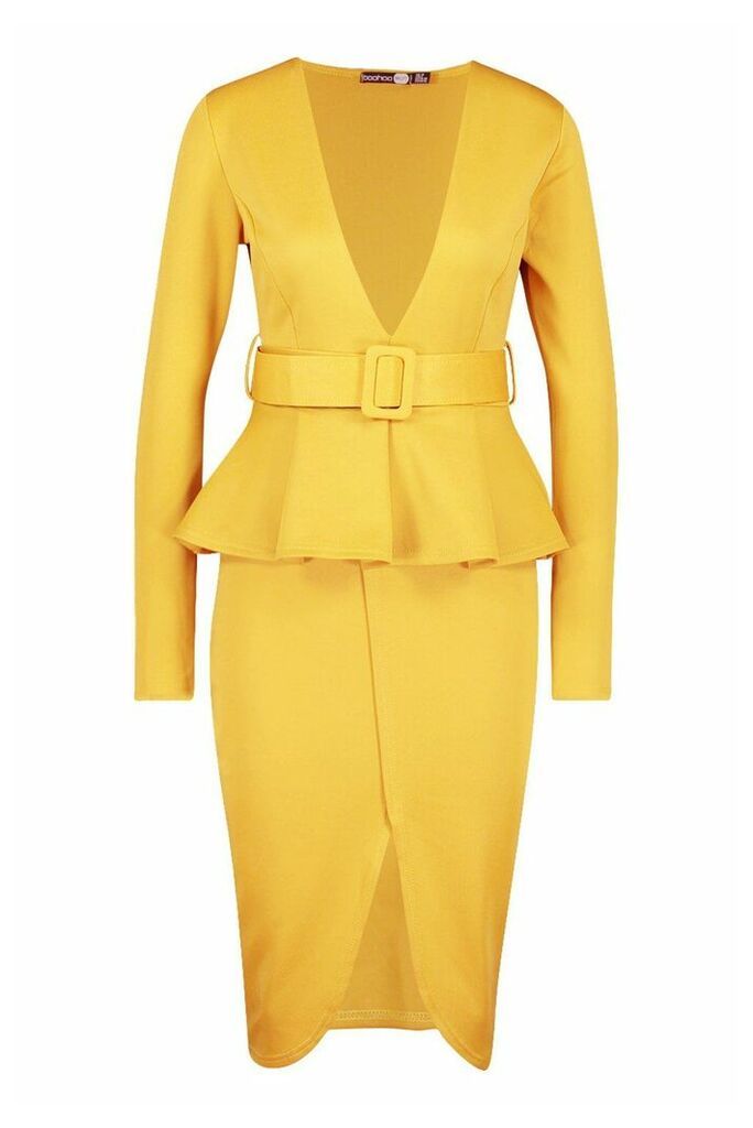 Womens Plunge Belted Peplum Midi Dress - yellow - 12, Yellow