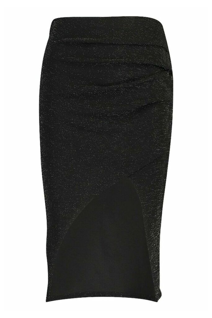 Womens Sparkle Pleated Wrap Midi Skirt - Black - 14, Black