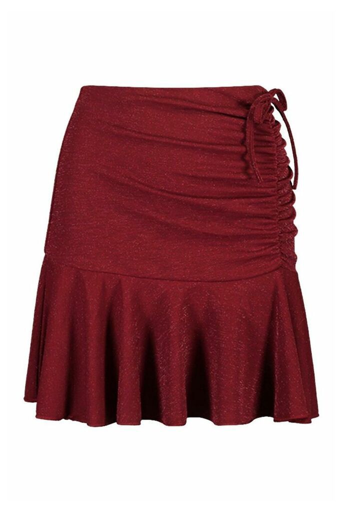 Womens Sparkle Ruched Peplum Hem Mini Skirt - Red - 14, Red