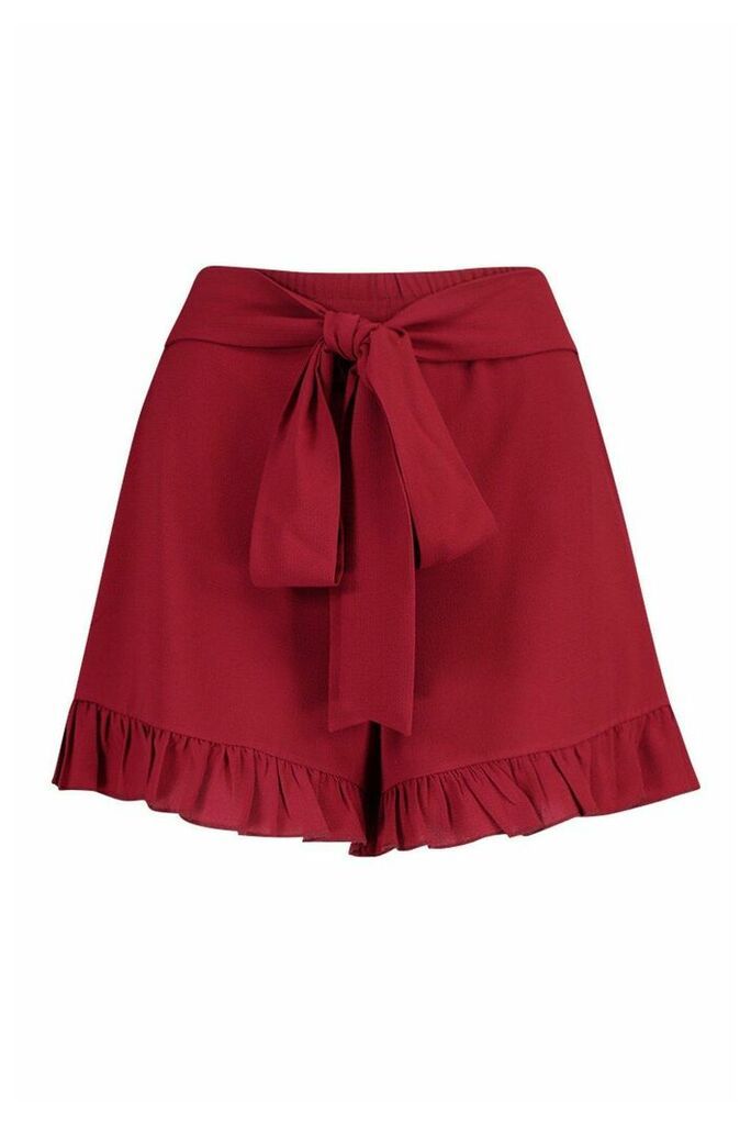 Womens Frill Tie Front Woven Flippy Short - red - 8, Red