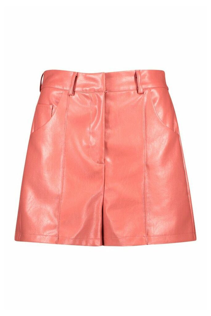 Womens Pu Leather Look Seamed Shorts - Pink - 14, Pink
