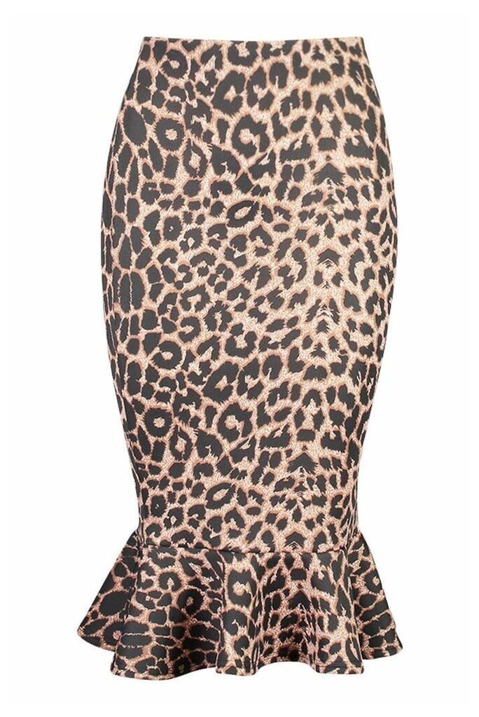 Womens Leopard Drop Hem Midi Skirt - black - 12, Black