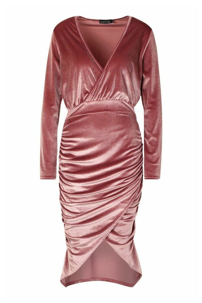 Womens Velvet Wrap Ruched Detail Midi Bodycon Dress - Pink - 14, Pink