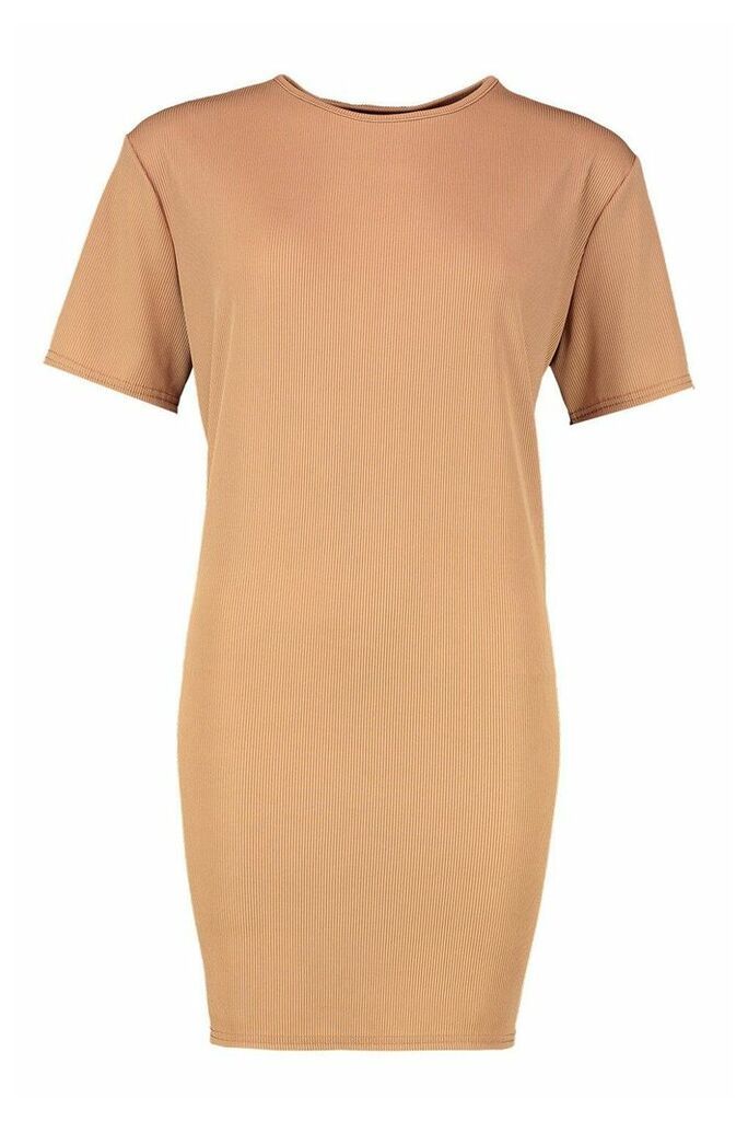 Womens Rib Knit T-Shirt Dress - beige - 12, Beige