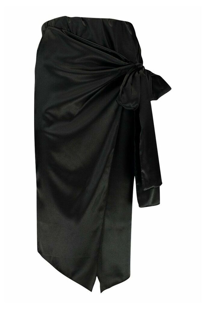 Womens Wrap Front Satin Midi Skirt - black - 10, Black