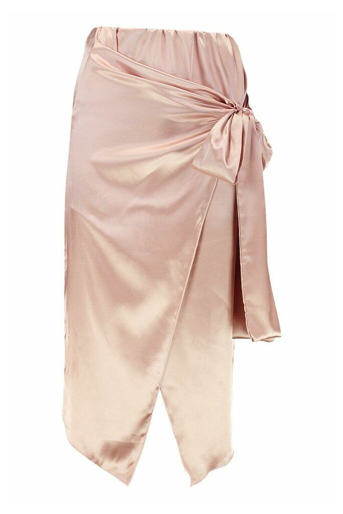 Womens Wrap Front Satin Midi Skirt - pink - 10, Pink