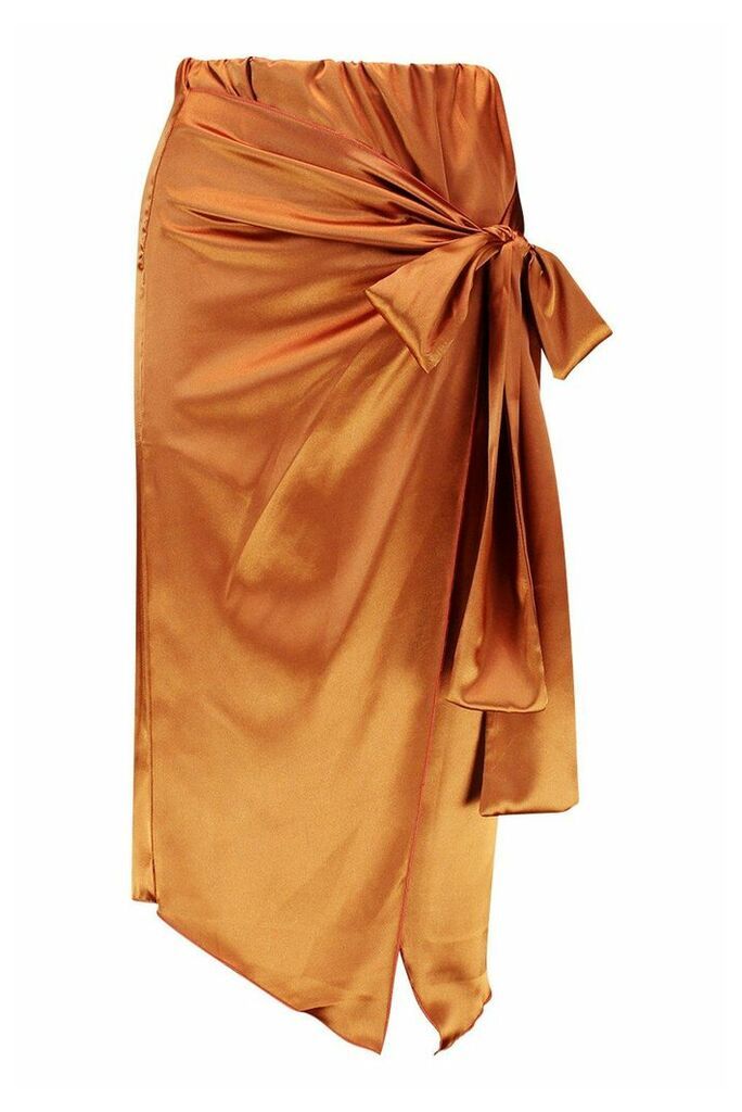 Womens Wrap Front Satin Midi Skirt - orange - 14, Orange
