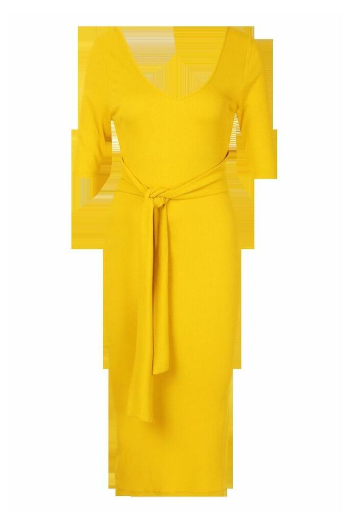 Womens Half Sleeve Rib Belted Midi Dress - yellow - 14, Yellow