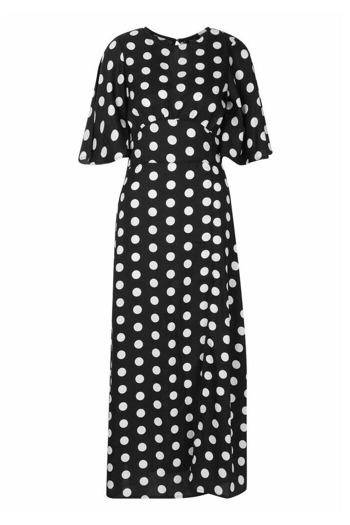 Womens Polka Dot Flared Sleeve Midi Dress - Black - 8, Black