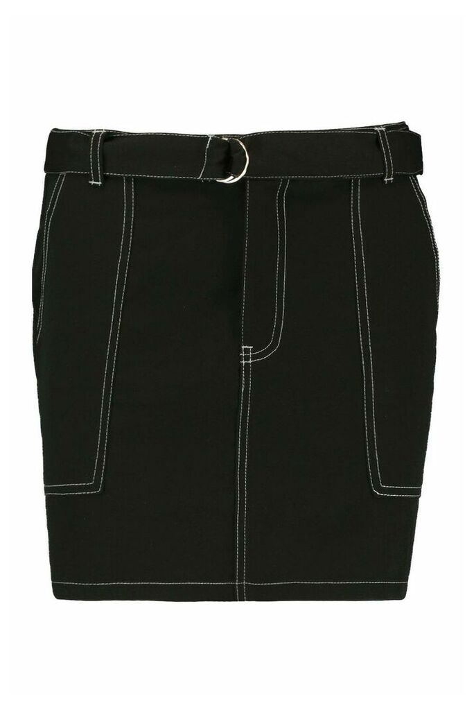 Womens Contrast Stitch Belted Mini Skirt - black - L, Black
