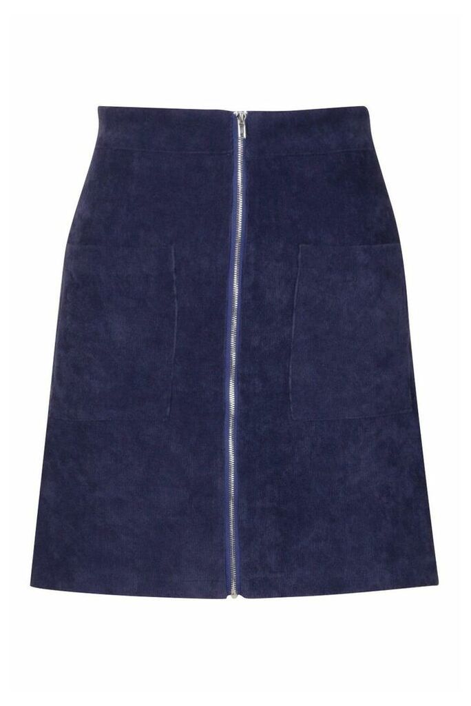 Womens Zip Through Pocket Front Cord Mini Skirt - Navy - 14, Navy