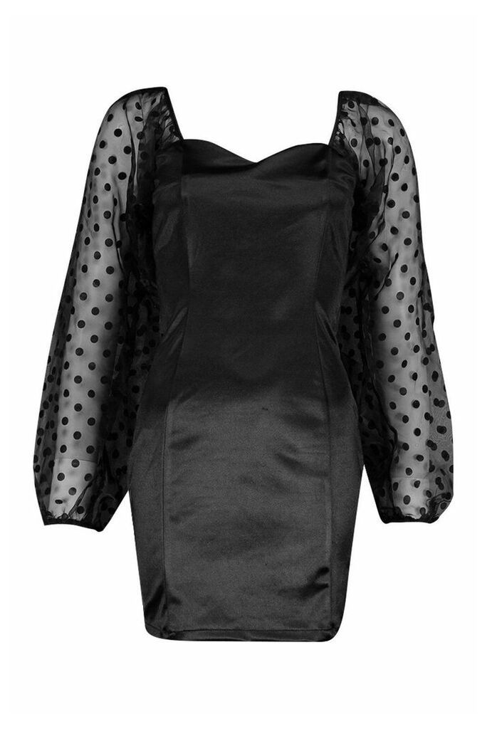 Womens Organza Split Puff Sleeeve Mini Dress - black - 14, Black