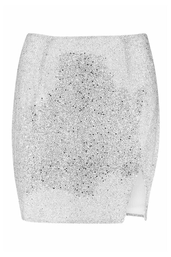 Womens Glitter Split Mini Skirt - grey - 6, Grey