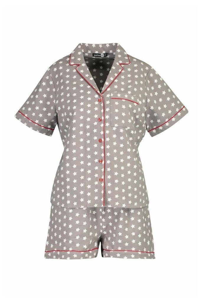 Womens Brushed Star Print Short Sleeve PJ Set - grey - 12, Grey