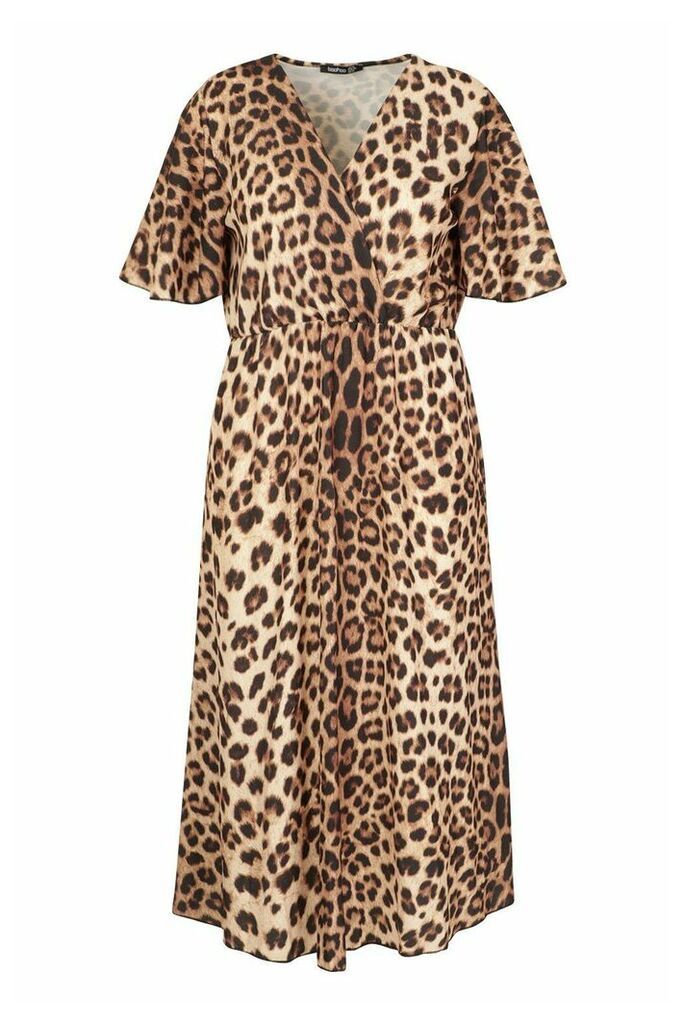 Womens Plus Leopard Wrap Angel Sleeve Maxi Dress - brown - 22, Brown