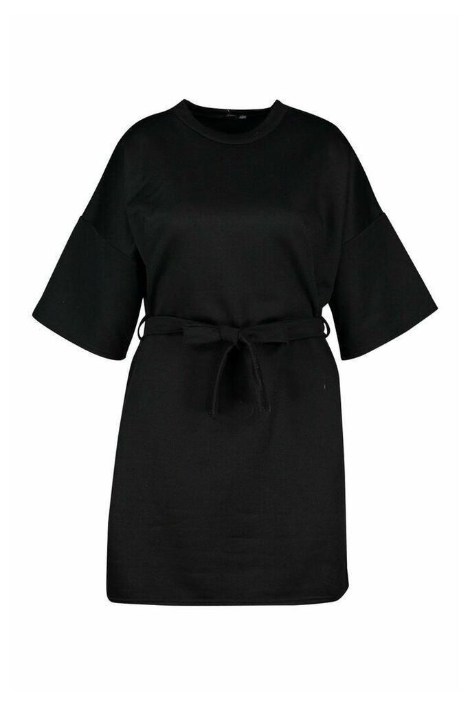 Womens Plus Loopback Short Sleeve Tie Waist Dress - black - 18, Black