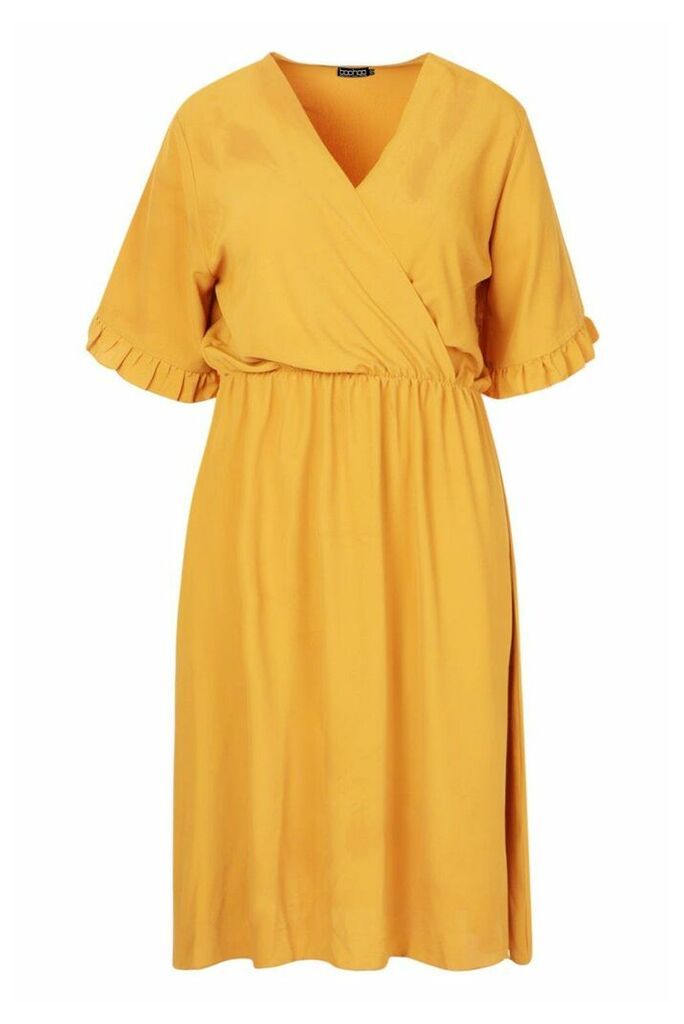 Womens Plus Ruffle Wrap Midi Dress - yellow - 16, Yellow