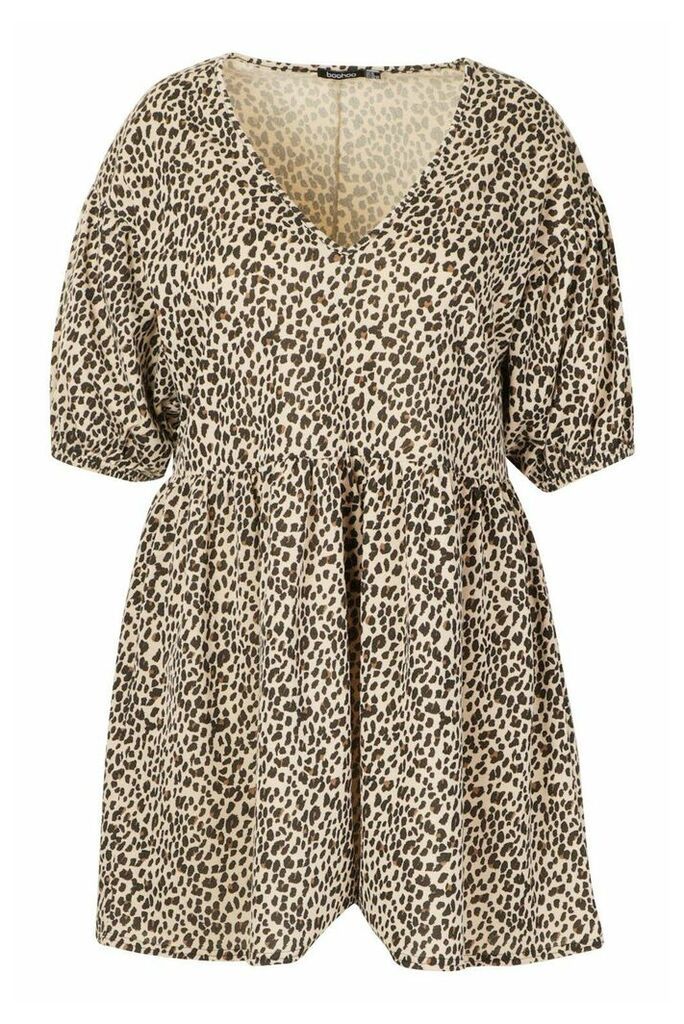 Womens Plus Leopard Puff Sleeve Sweat Smock Dress - Beige - 18, Beige