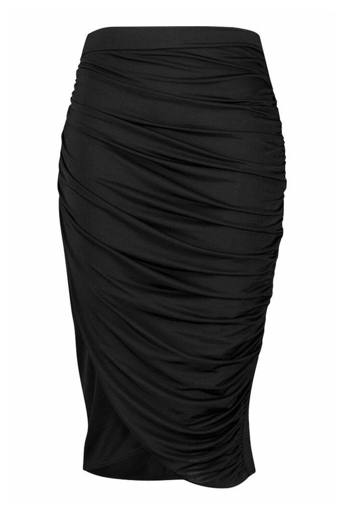 Womens Plus Disco Slinky Ruched Detail Midi Skirt - black - 20, Black
