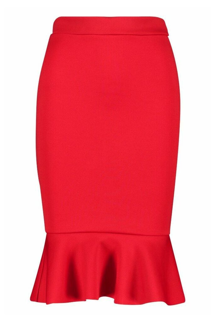 Womens Petite Peplum Hem Midi Skirt - red - 4, Red