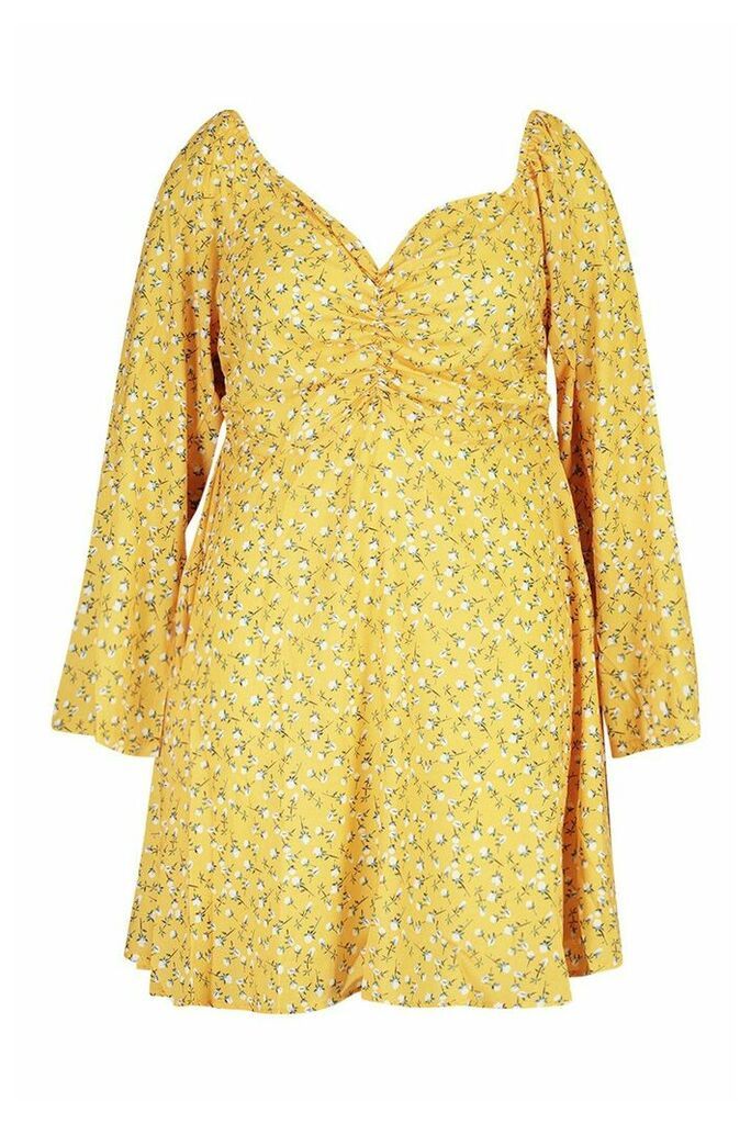 Womens Plus Ruched Puff Sleeve Floral Skater Dress - yellow - 20, Yellow