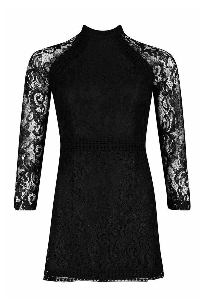 Womens Petite Lace High Neck Bodycon Dress - black - 14, Black