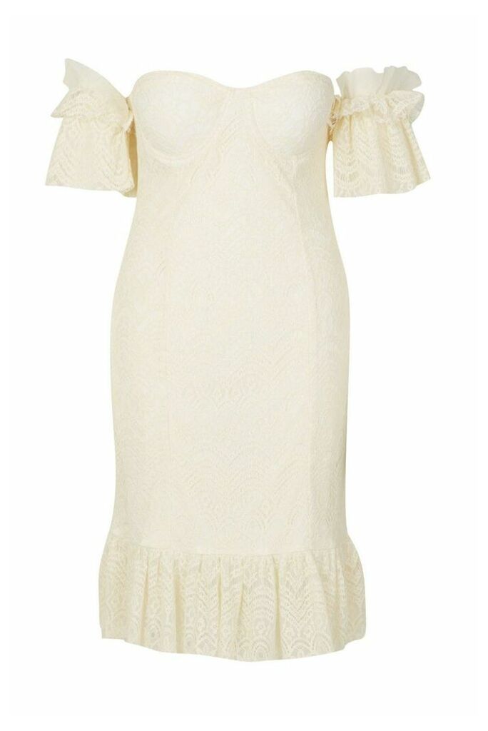 Womens Plus Lace Bardot Frill Detail Midi Dress - white - 22, White