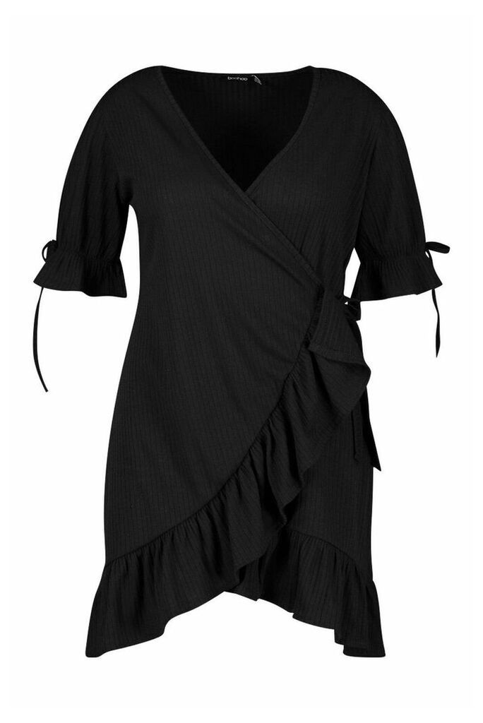 Womens Plus Soft Rib Ruffle Skater Dress - Black - 28, Black