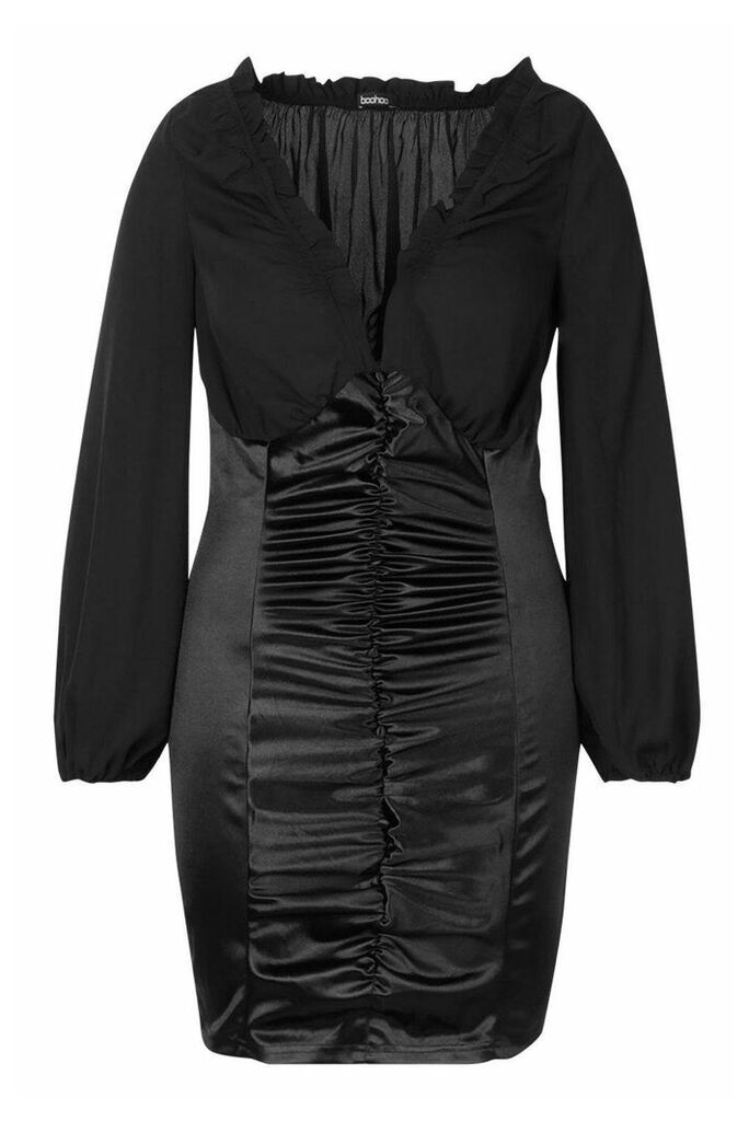 Womens Plus Chiffon Contrast Satin Ruched Mini Dress - black - 22, Black