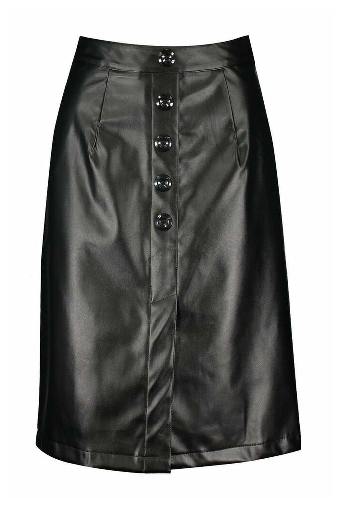 Womens Button Front Leather Look Midi Skirt - Black - 10, Black