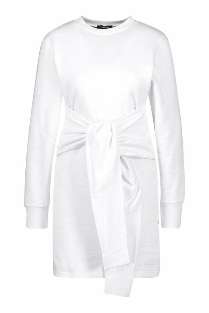 Womens Long Sleeve Tie Front Sweat Dress - white - 12, White