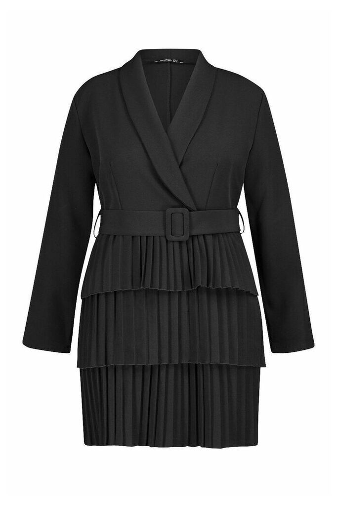 Womens Plus Belted Pleated Detail Blazer Dress - black - 18, Black