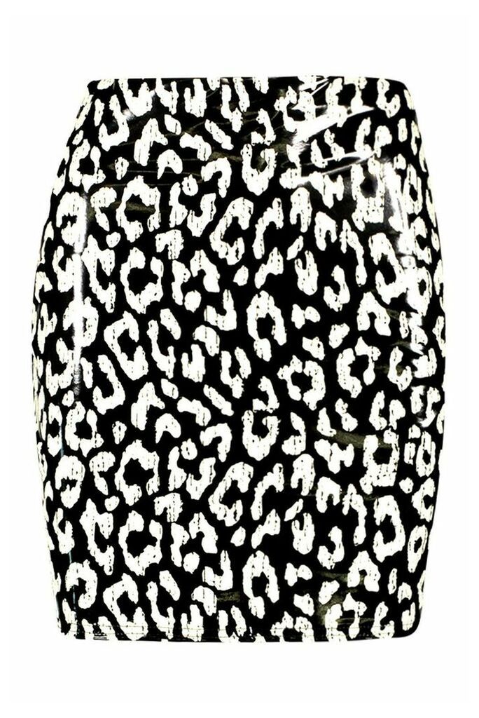 Womens Mono Leopard Vinyl Mini Skirt - black - 10, Black
