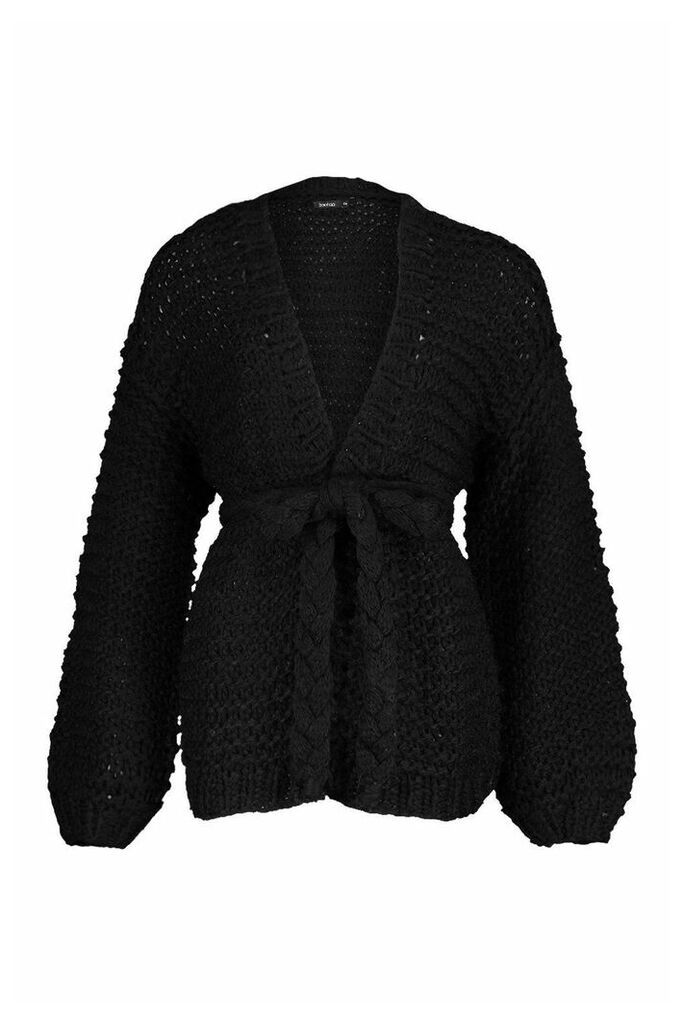 Womens Premium Hand Knitted Belted Cardigan - Black - S/M, Black