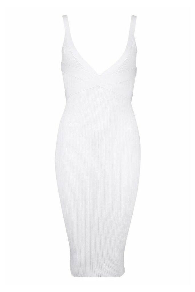 Womens Premium Plunge Rib Knit Bandage Dress - White - M, White