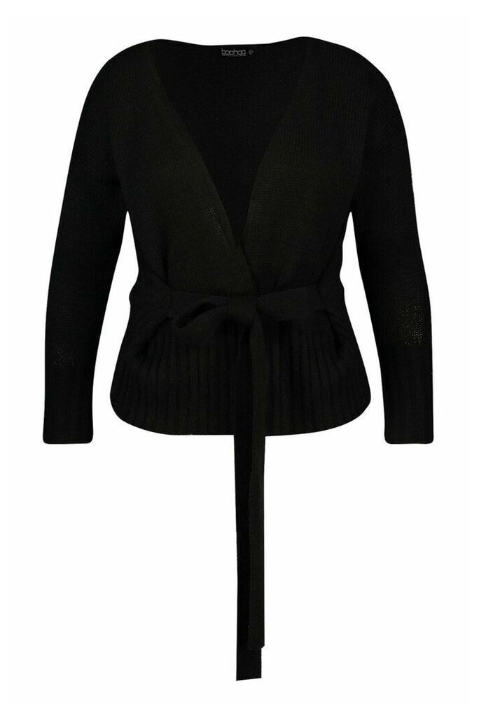 Womens Plus Wrap Detail Tie Belted Cardigan - black - 24, Black