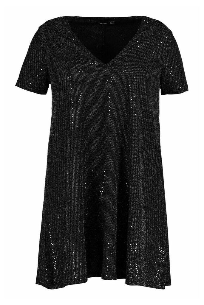 Womens Plus Sequin Oversized T-Shirt Dress - black - 20, Black