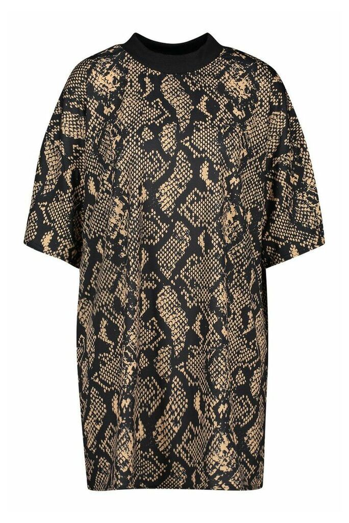 Womens Snake Print T-Shirt Dress - Brown - 14, Brown