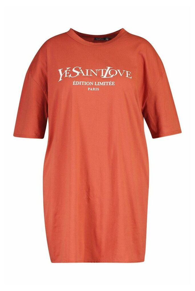 Womens Plus Ye Saint Oversized Slogan T-Shirt Dress - orange - 16, Orange