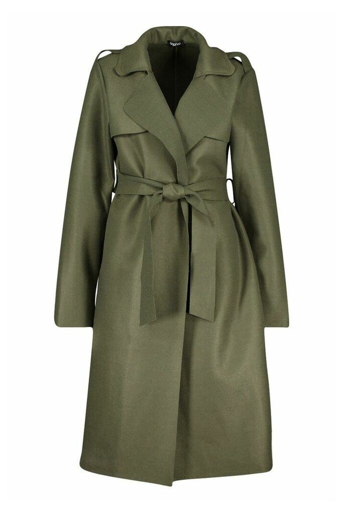 Womens Trench dressing gown Belt Wool Look Coat - green - 14, Green