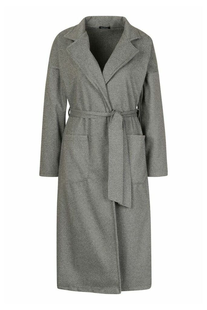 Womens Stripe Belted Wool Look Coat - Grey - 10, Grey