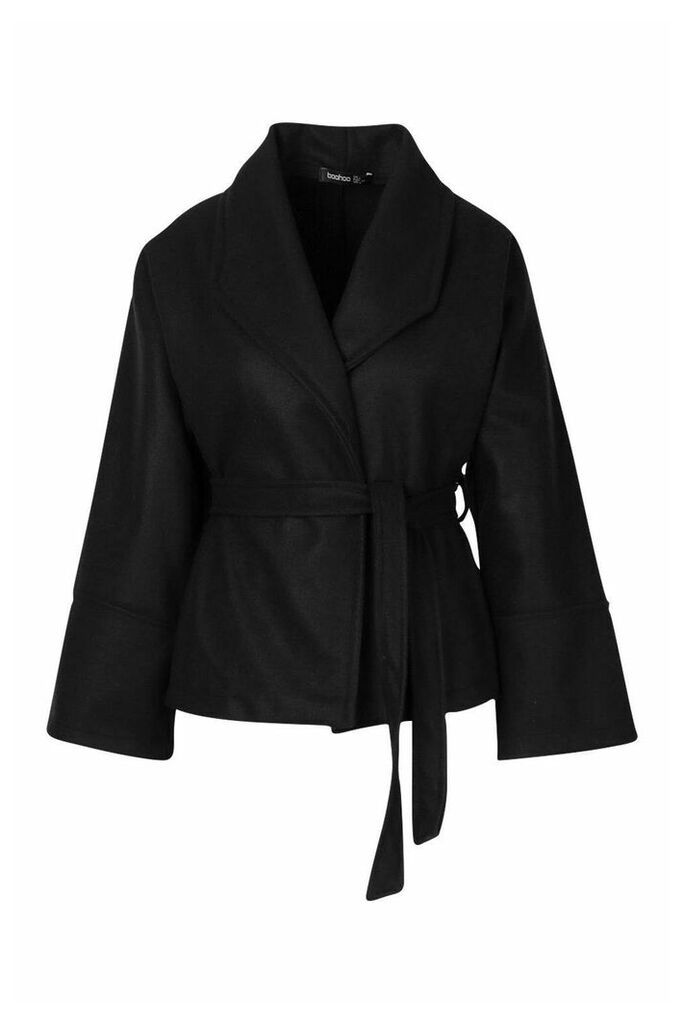 Womens Wide Collar Belted Short Wool Look Coat - black - 14, Black