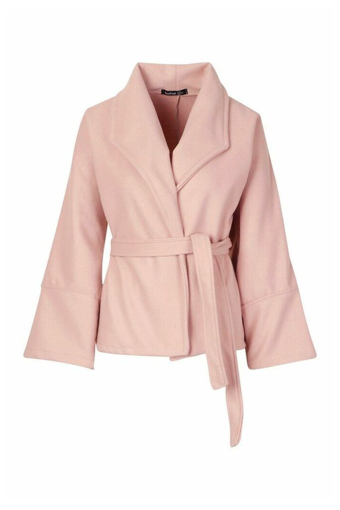 Womens Wide Collar Belted Short Wool Look Coat - pink - 10, Pink