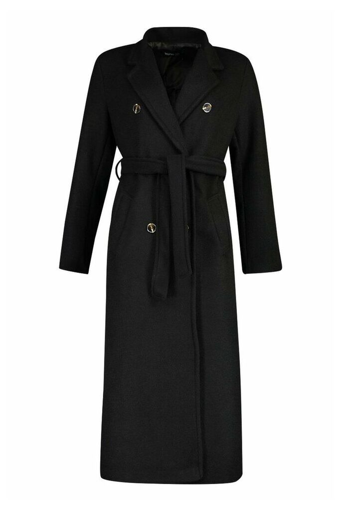 Womens Longline Double Breasted Belted Wool Look Coat - black - 14, Black