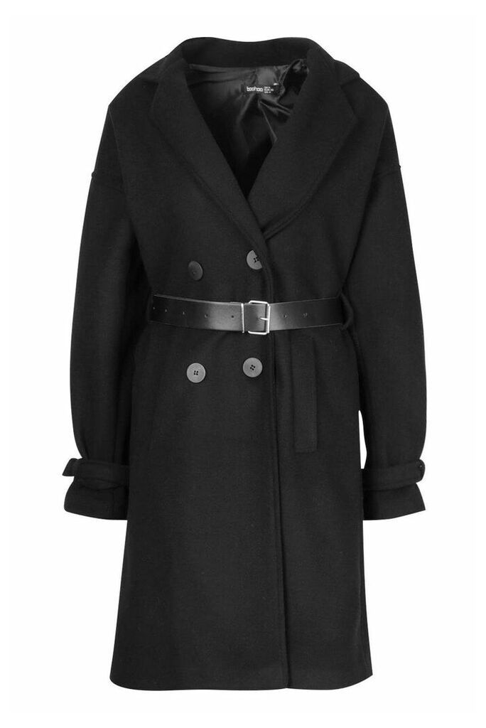 Womens Pu Belted Trench Wool Look Coat - black - 12, Black