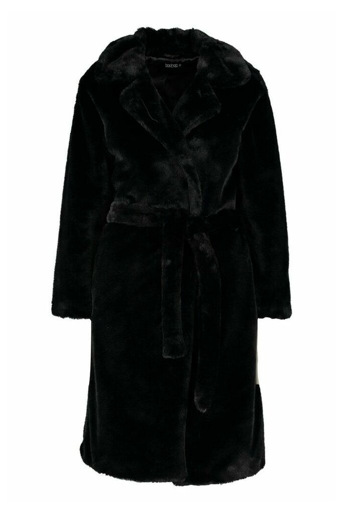 Womens Petite Faux Fur Longline Belted Coat - Black - 12, Black