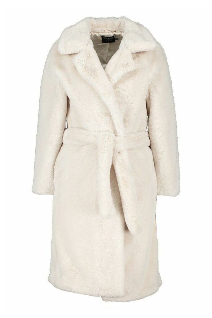 Womens Petite Faux Fur Longline Belted Coat - Beige - 14, Beige