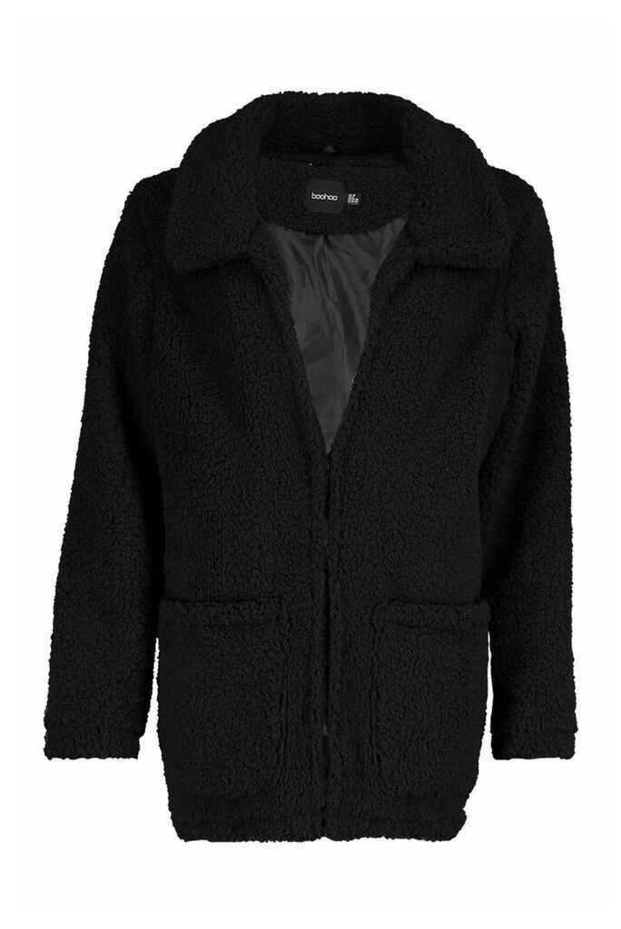 Womens Double Pocket Teddy Faux Fur Coat - black - 12, Black