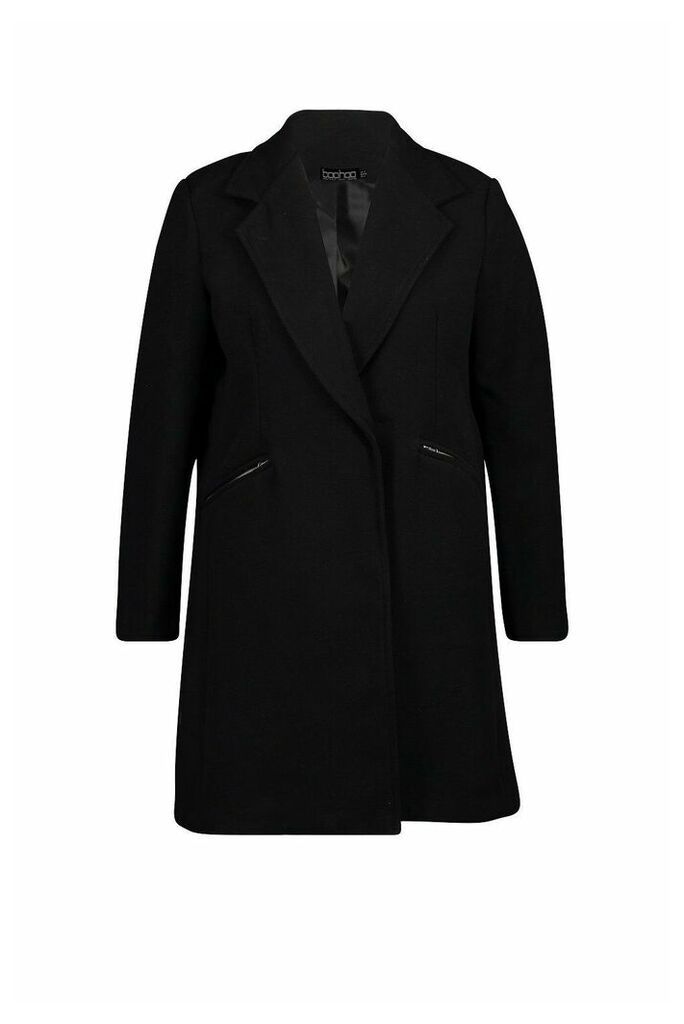 Womens Plus Zip Front Oversized Wool Look Coat - black - 18, Black